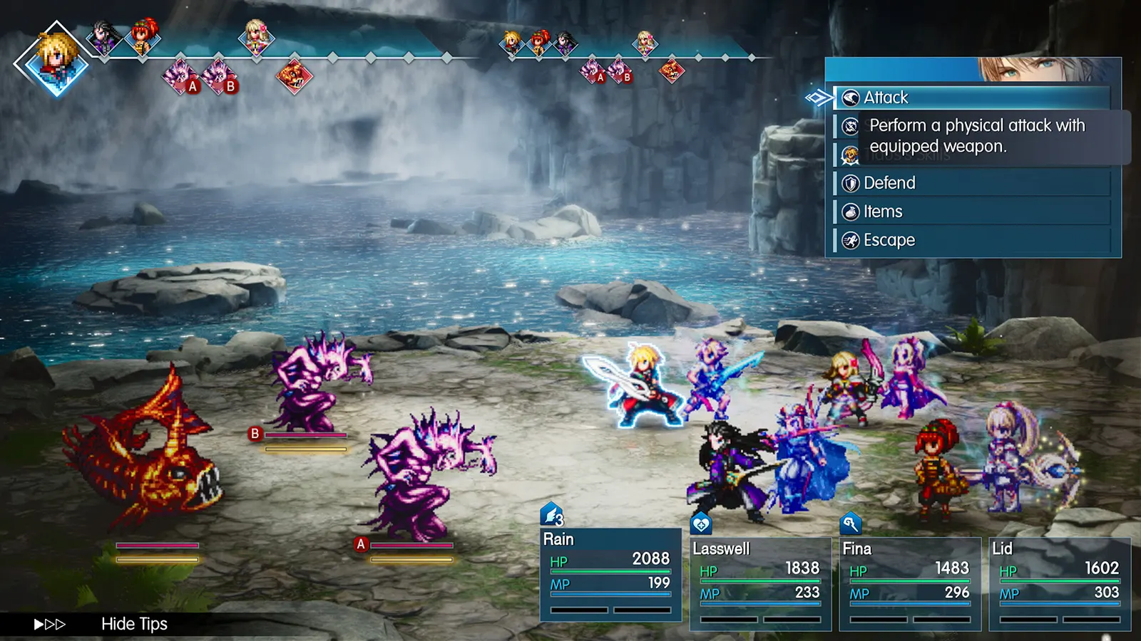 Official screenshot of a turn-based battle: a party of four faces several purple monsters on a lakeside field, with the turn order bar at the top and a command menu showing Attack, Defend, Items and Escape