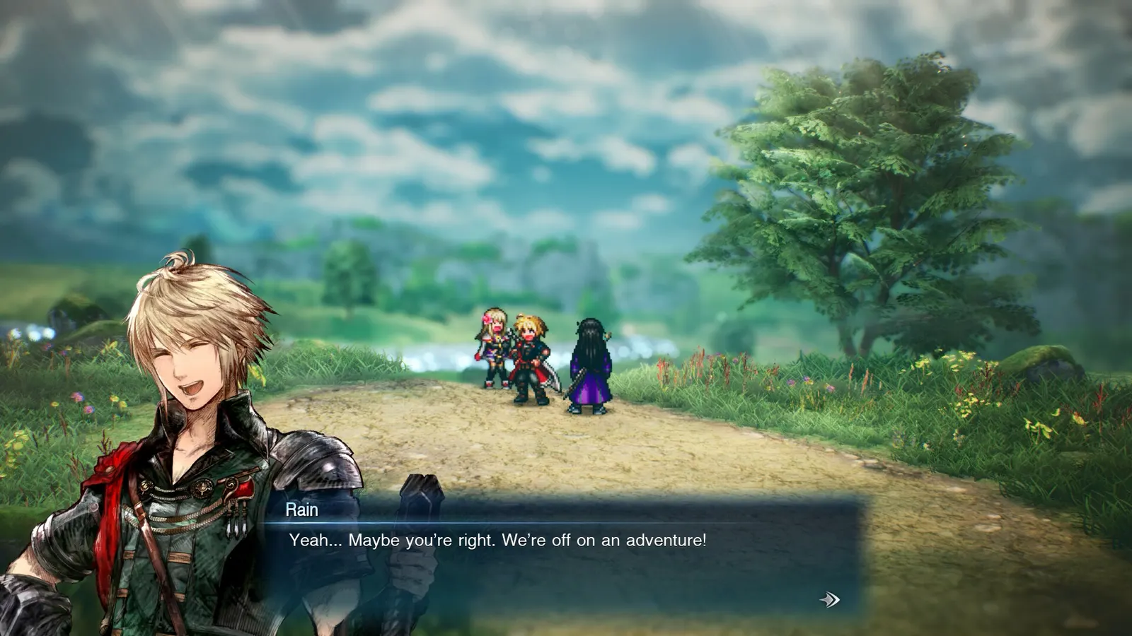 Official screenshot of the hero Rain in a dialogue scene on a grassy road with his companions behind him