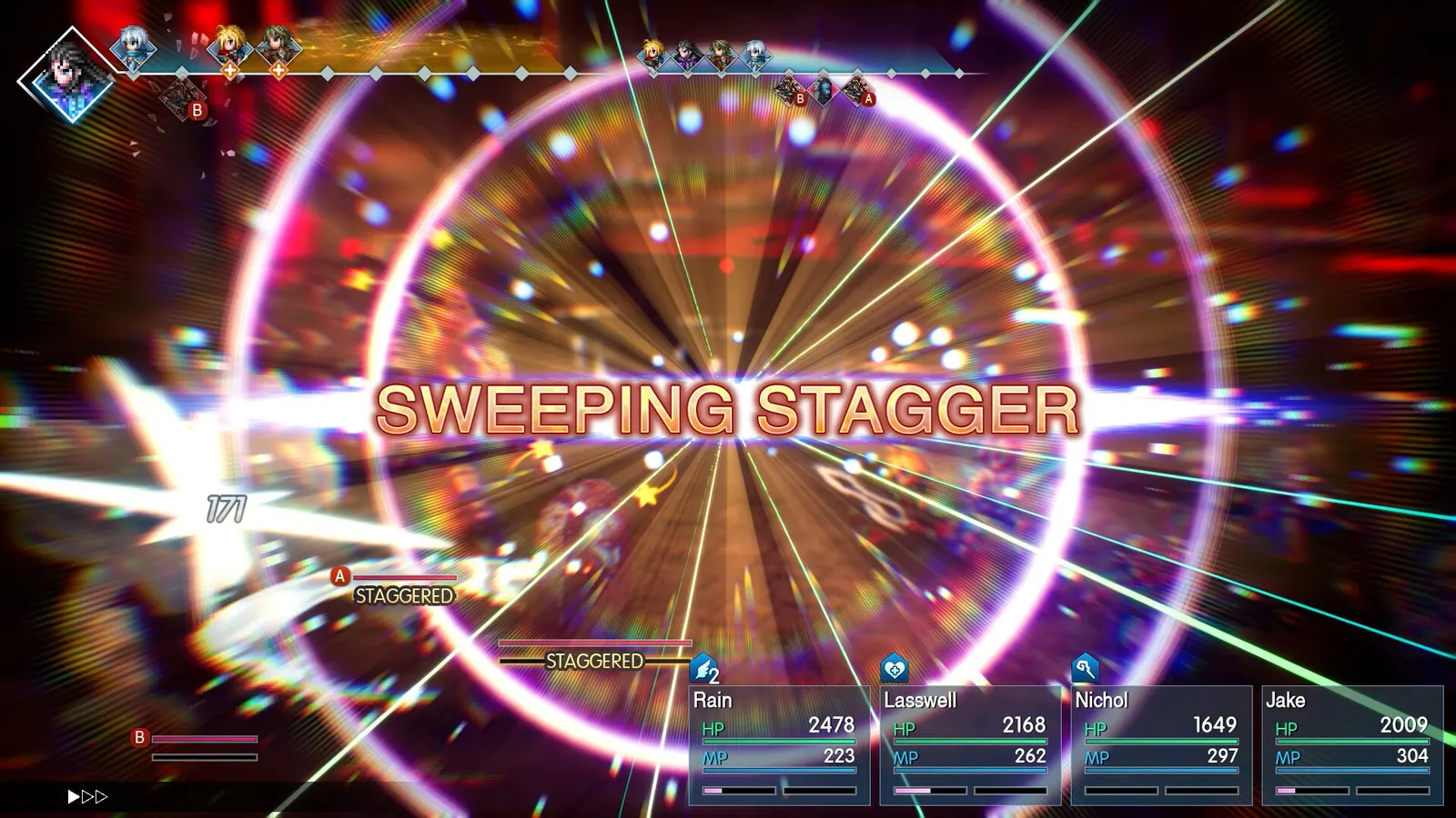 Official screenshot of a battle flash with the words Sweeping Stagger across the screen and the enemies marked as staggered